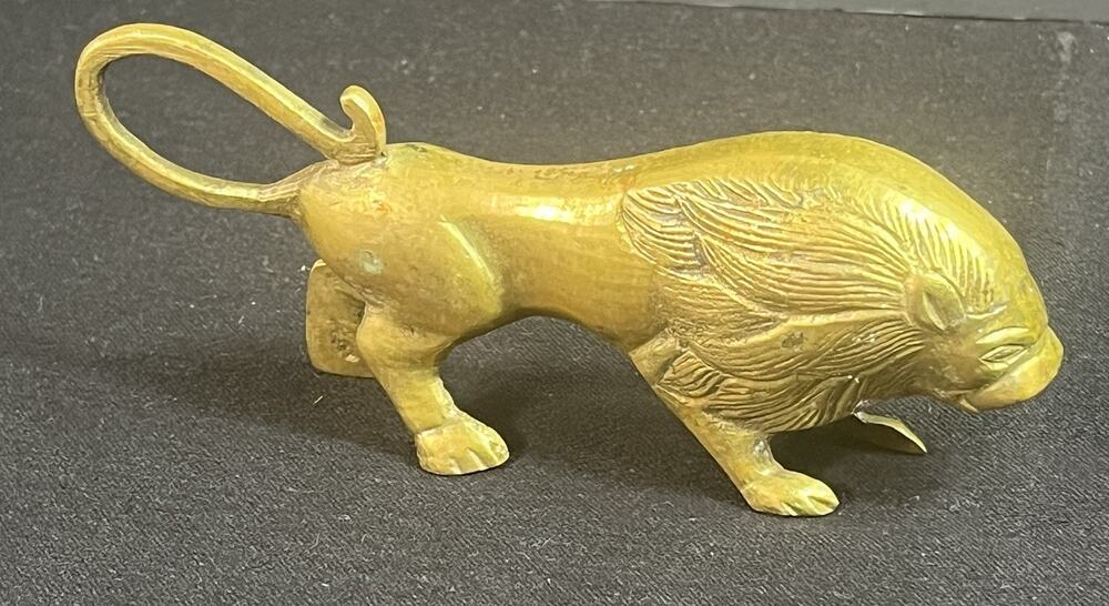 Vintage Solid Brass Lion Figurine 5.25" Long Male Lion Statue Animal Decor